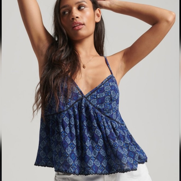 Superdry Tops - Superdry Womens Tiered Viscose Cami Top Blue Geo Print Size 14 New